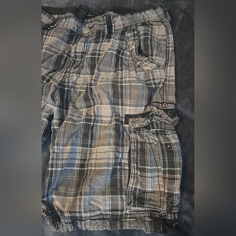Affliction Black Premium Plaid Cargo Shorts Mens Sz 36 Multi-Pocket Y2K - Picture 2 of 12